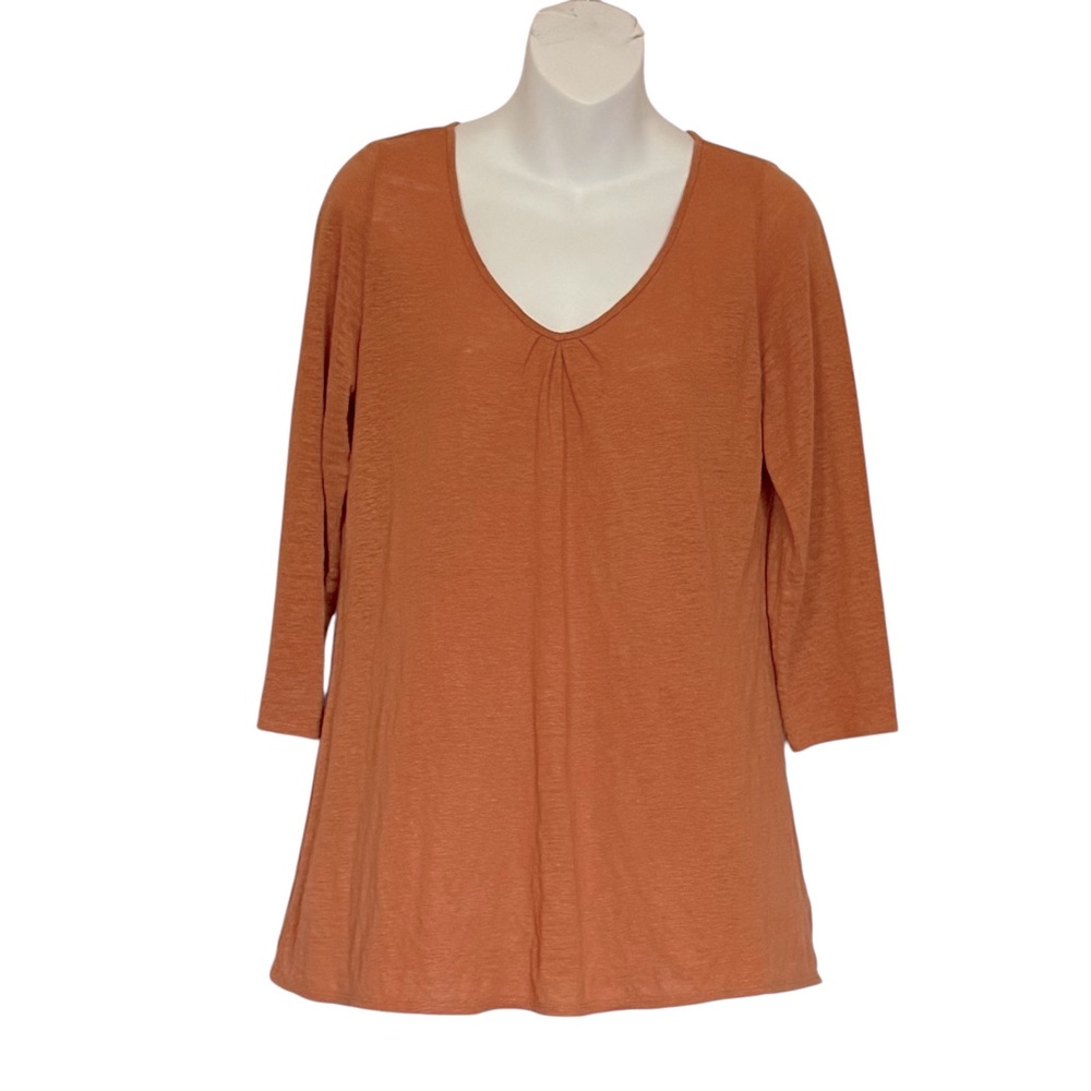 EILEEN FISHER Orange 100% Linen 3/4 Sleeve V-Neck Lagenlook Top Size Small